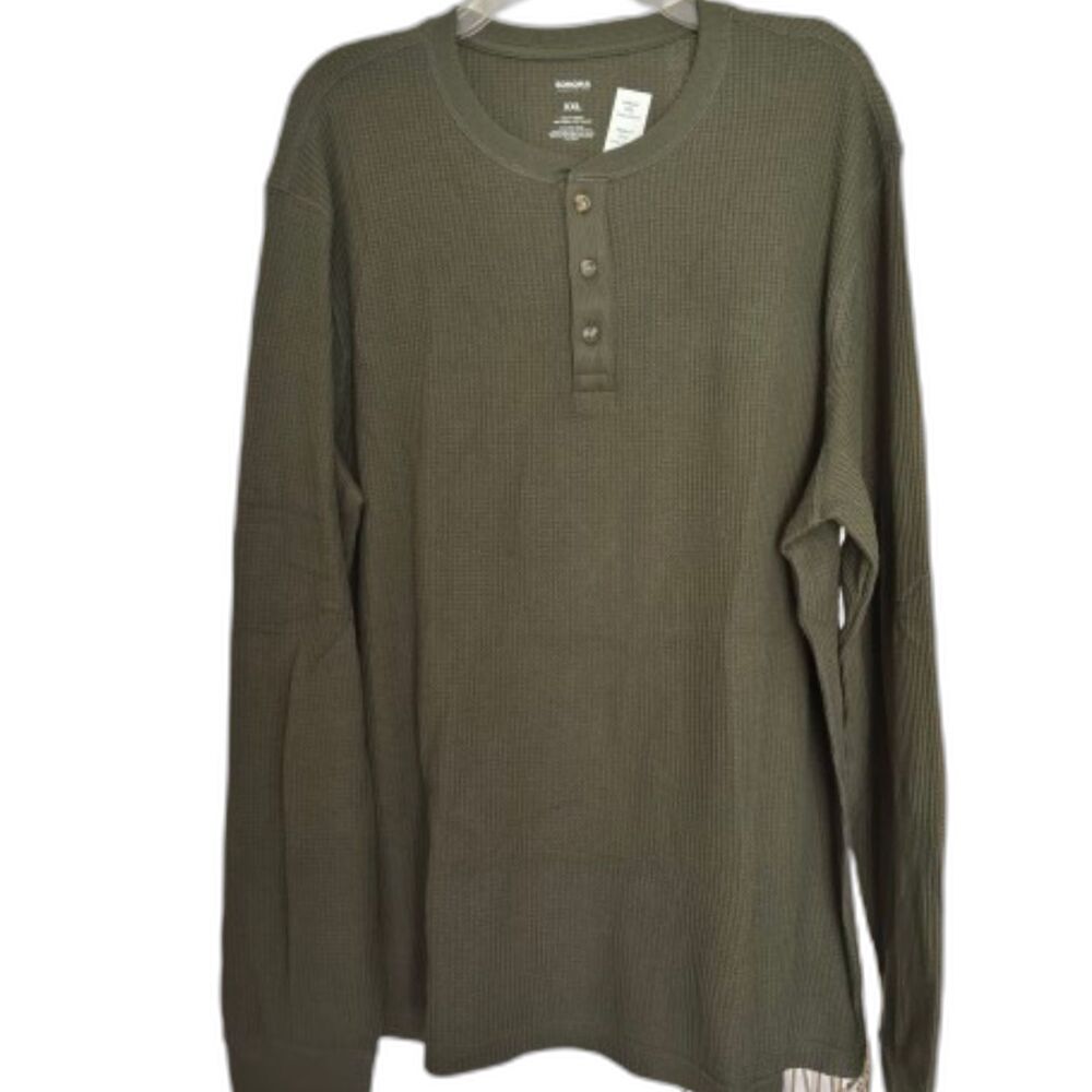 The Essential Thermal Men's XXL Long Sleeve Waffle Knit Olive Green Henley #B